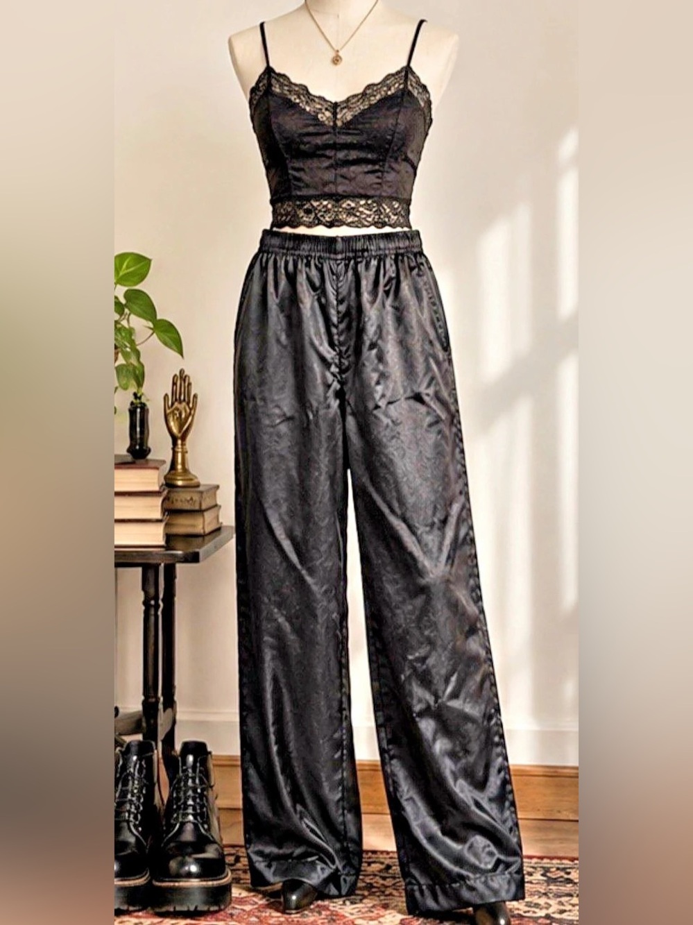 Vintage Black Satin Palazzo Pants